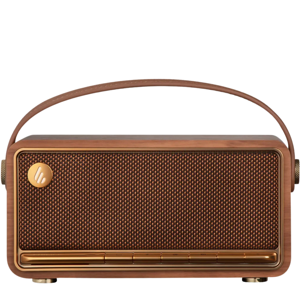 Edifier MP330 40 W Bluetooth 19h autonomía en marrón: altavoz portátil estilo retro con rejilla metálica dorada, asa de transporte y perillas laterales