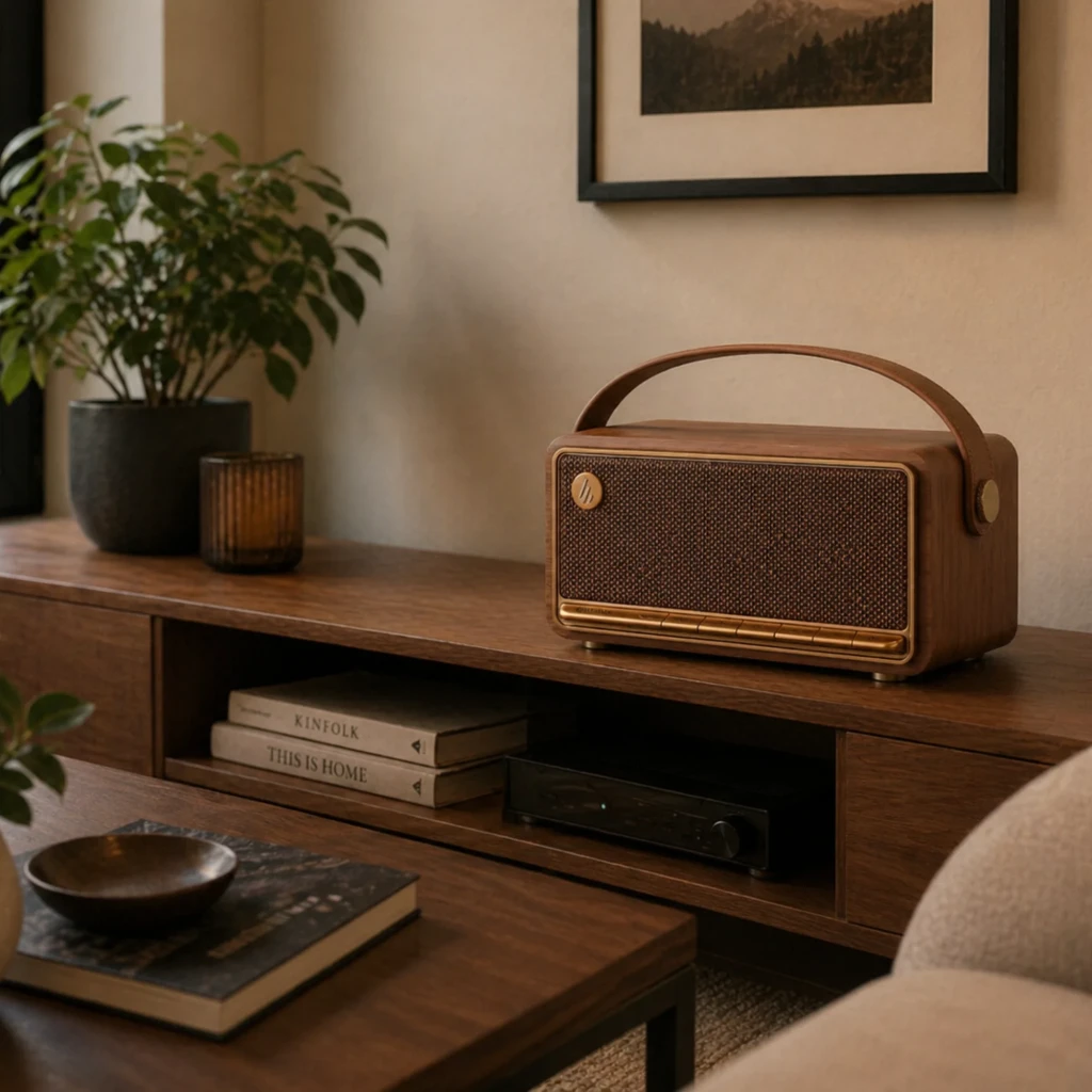 Edifier MP330 marrón estilo retro con asa de cuero, rejilla frontal metálica y controles dorados; altavoz Bluetooth compacto de 40 W y 19 h de autonomía