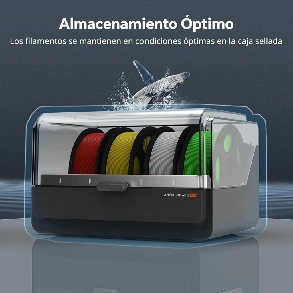 Anycubic Color Engine Pro para Kobra 3 Max, caja sellada con tapa transparente y espacio para varios carretes de filamento, diseño robusto y compacto