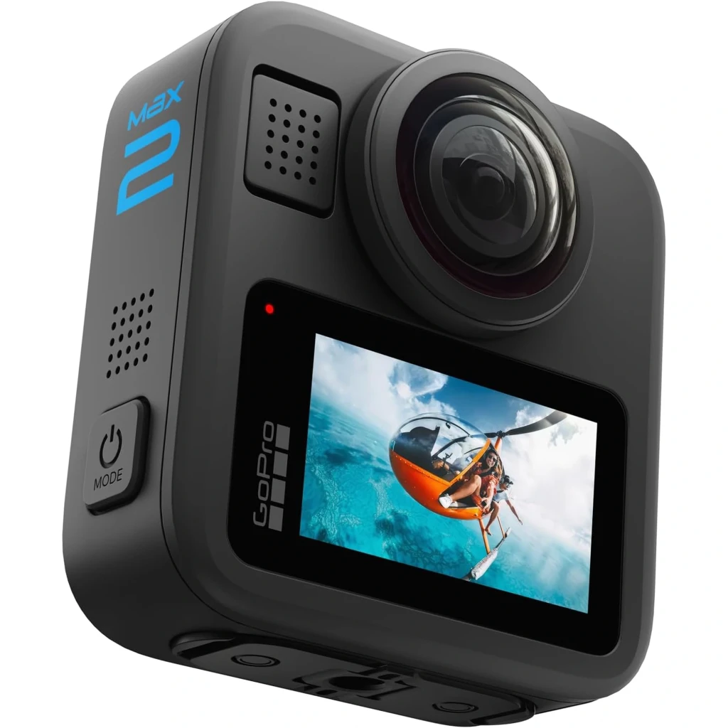 GoPro MAX2 8K 360° 29 MP sumergible 5 m con pantalla lateral a color, lente ojo de pez prominente, micrófonos frontales y botón de modo en cuerpo negro