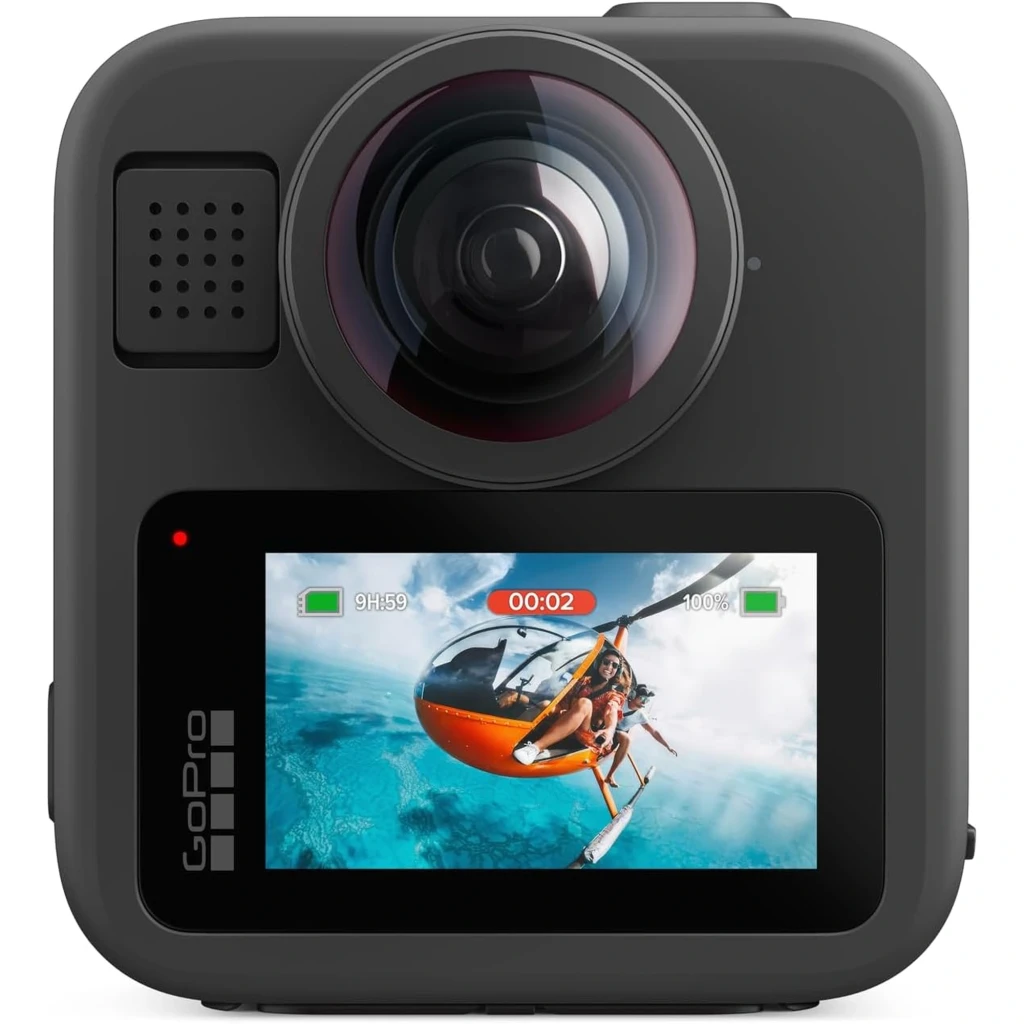 GoPro MAX2 8K 360° 29 MP sumergible 5 m con lente ojo de pez frontal, pantalla a color con indicador de grabación y bordes de goma antideslizantes HyperSmooth