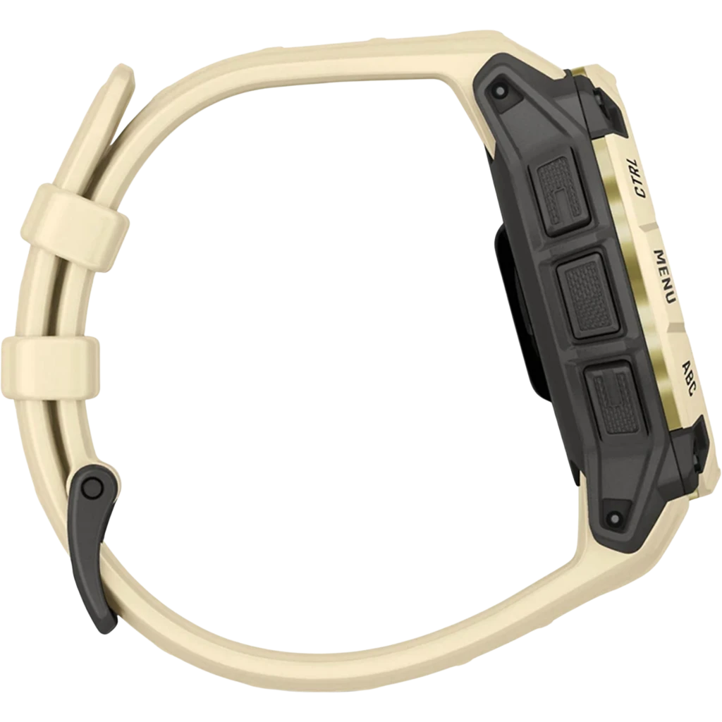 Garmin Instinct 3 AMOLED GPS 45 mm, boîtier robuste noir, boutons texturés, bracelet silicone citrine avec boucle double, profil latéral ergonomique