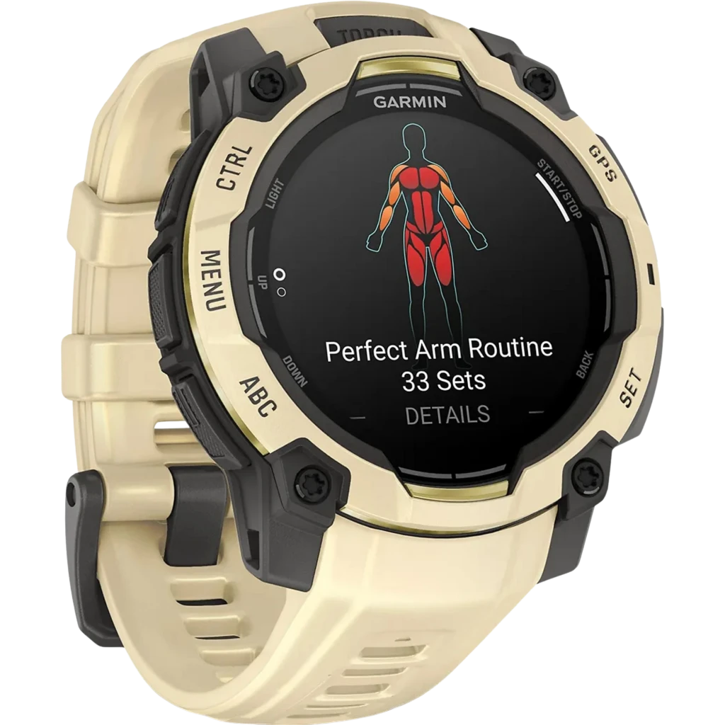Montre Garmin Instinct 3 AMOLED 45 mm, boîtier noir et lunette beige, bracelet silicone citrine, écran sportif couleur affichant routine bras et boutons