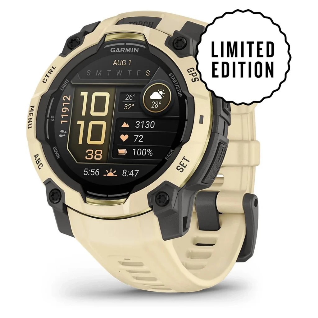 Montre Garmin Instinct 3 AMOLED 45 mm, boîtier robuste noir et citrine, écran AMOLED net, lunette graduée, boutons latéraux, bracelet silicone gris adjusté