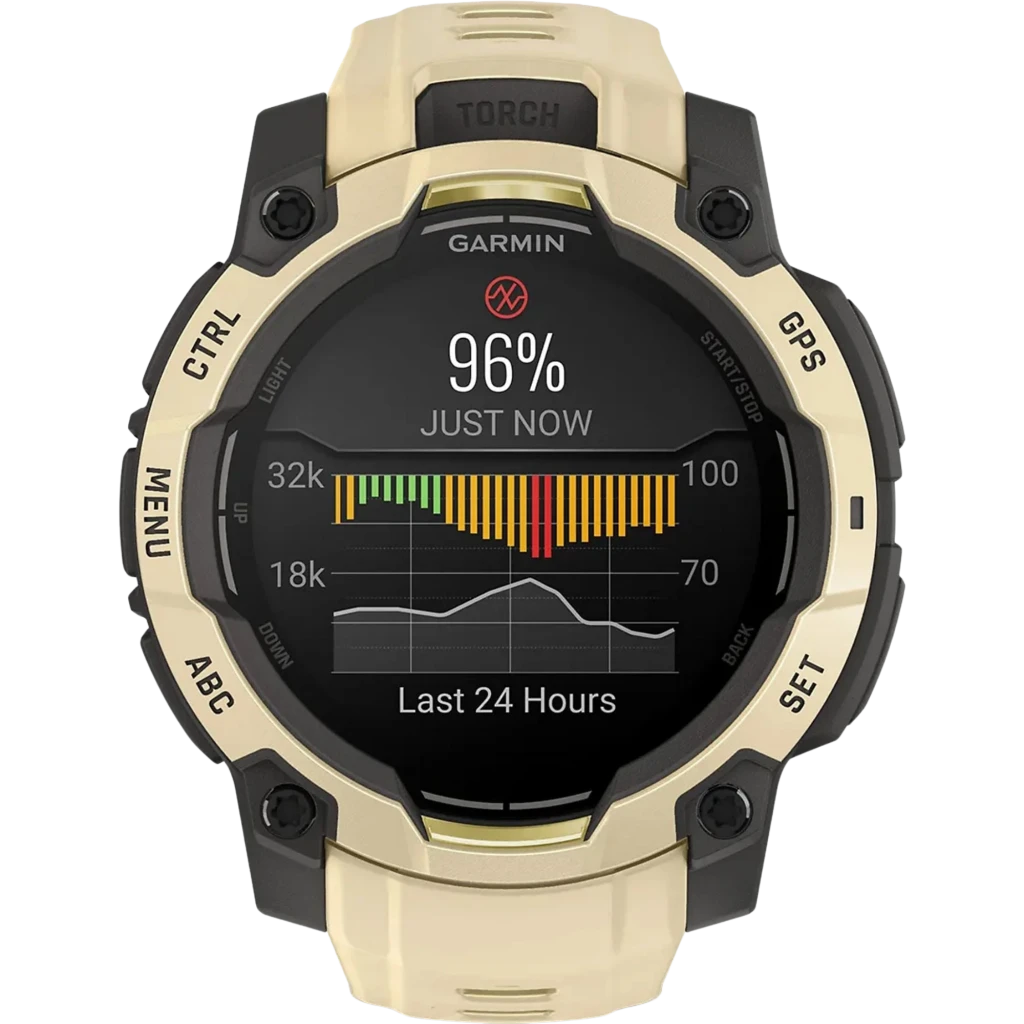 Montre Garmin Instinct 3 AMOLED 45 mm, boîtier robuste noir et gris, lunette citrine, bracelet silicone, écran couleur avec jauge d’oxygène et graphes
