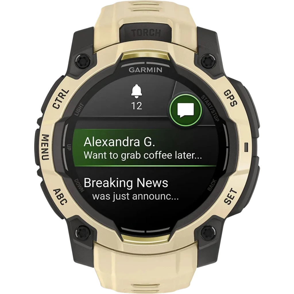 Montre Garmin Instinct 3 AMOLED 45 mm en silicone citrine et gris, boîtier robuste, écran circulaire lumineux, boutons latéraux, notifications affichées