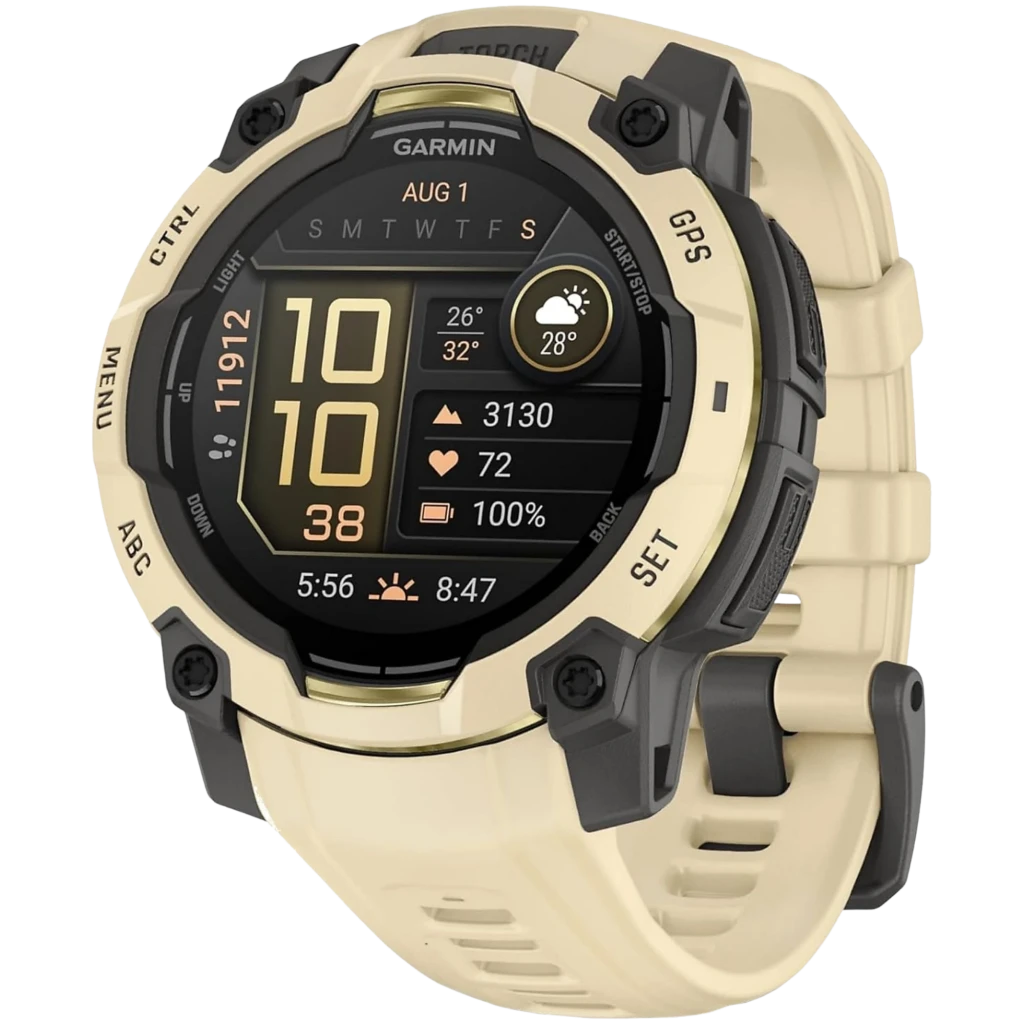 Garmin Instinct 3 AMOLED GPS 45mm en silicona citrine/gray, bisel robusto negro, pantalla AMOLED con métricas de salud y clima, correa perforada con hebilla