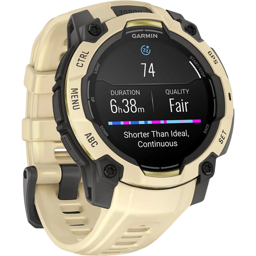 Montre Garmin Instinct 3 AMOLED GPS 45 mm, boîtier noir et lunette citrine, bracelet silicone citrine/gris, grand écran rond, boutons latéraux robustes
