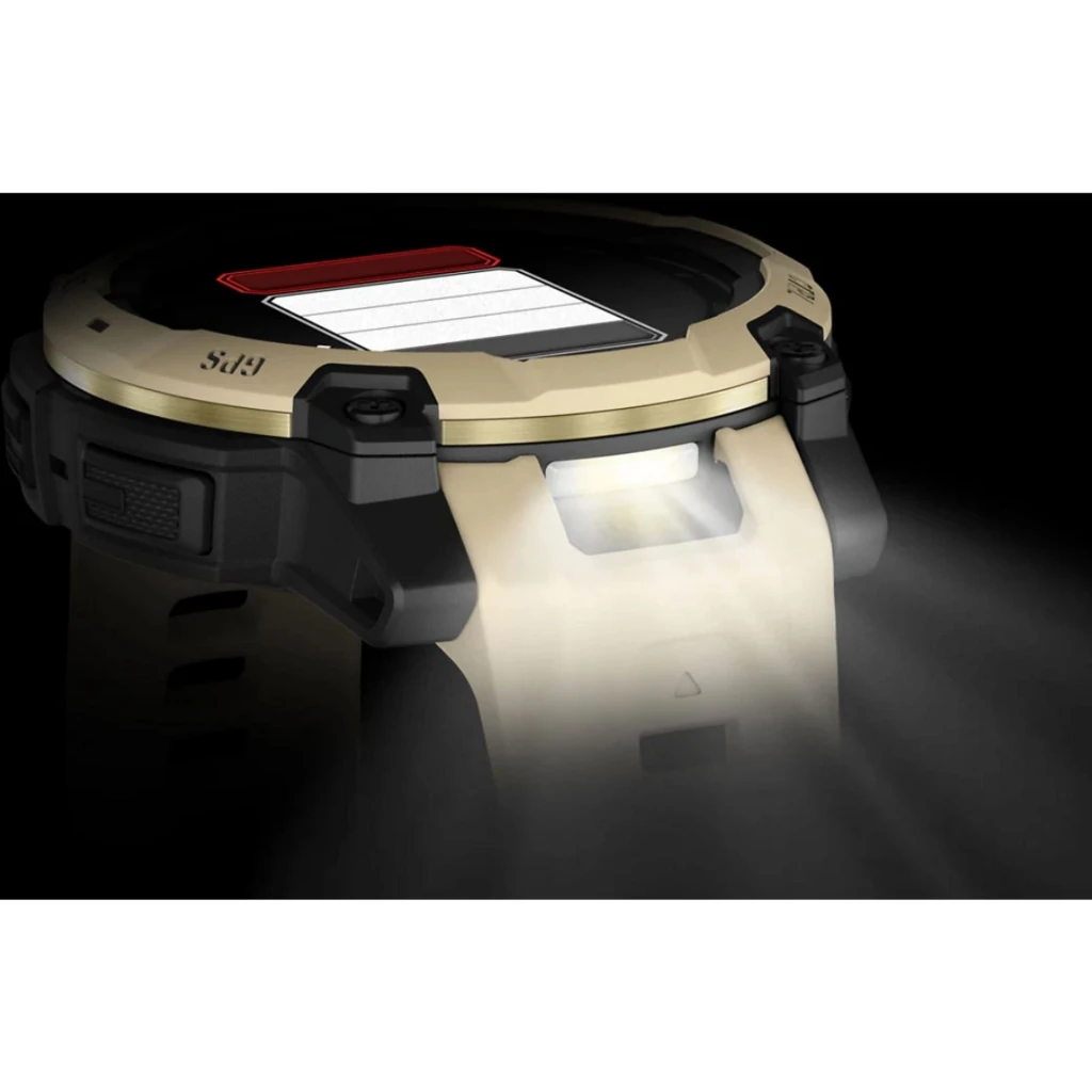 Garmin Instinct 3 AMOLED GPS 45 mm en silicone Citrine Gris avec lampe intégrée, boîtier robuste beige noir, écran rond et boutons latéraux ergonomiques