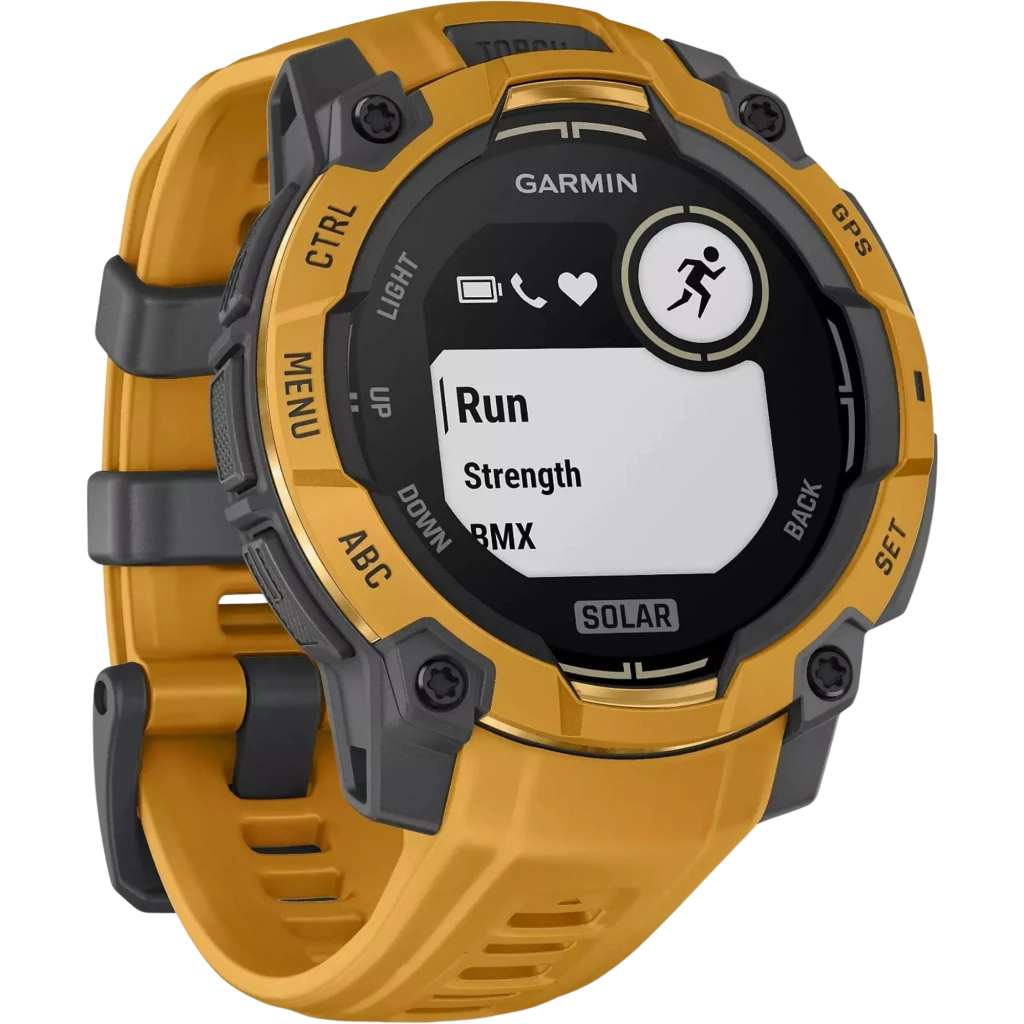 Garmin Instinct 3 Solar 50mm GPS en Sunburst/Gray con bisel robusto, correa bicolor amarilla y gris, pantalla circular con iconos y texto de actividades