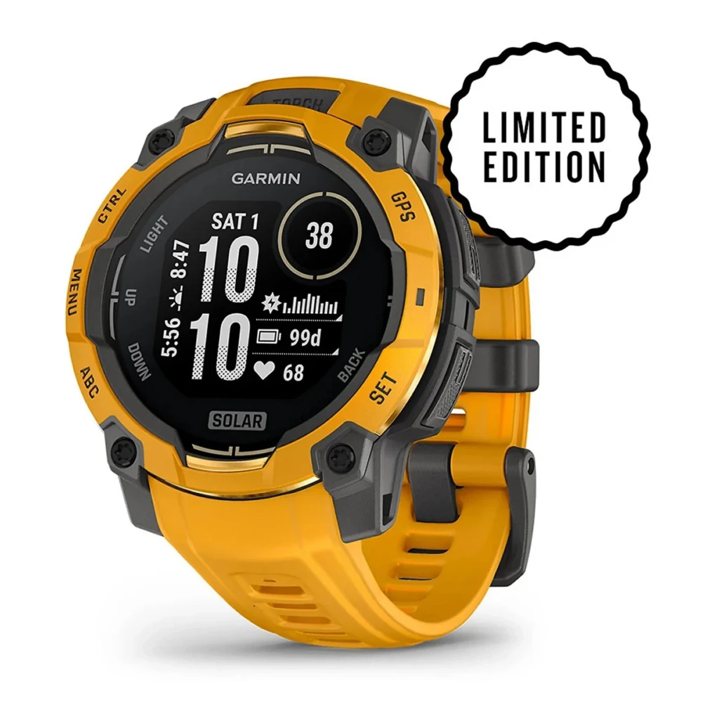 Garmin Instinct 3 Solar 50mm GPS en color Sunburst/Gray, bisel robusto, pantalla con métricas de salud y energía solar, correa amarilla, edición limitada