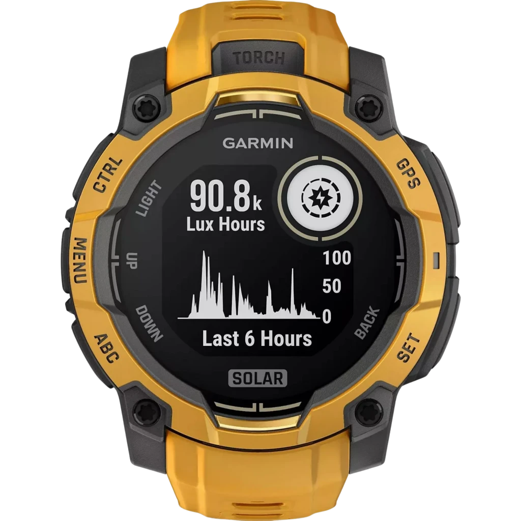 Reloj Garmin Instinct 3 Solar 45 mm color Sunburst con bisel negro y amarillo, pantalla circular monocroma con métricas solares y botones laterales etiquetados