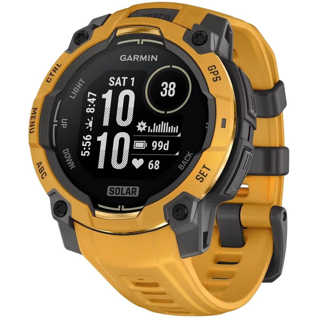 Garmin Instinct 3 Solar 45mm Sunburst, reloj GPS robusto en amarillo con bisel negro, pantalla con métricas de salud y botones laterales texturizados