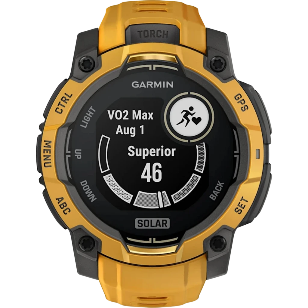 Reloj Garmin Instinct 3 Solar 45mm Sunburst amarillo y negro, pantalla circular con datos VO2 Max, bisel robusto con botones CTRL, GPS, MENU y correa deportiva