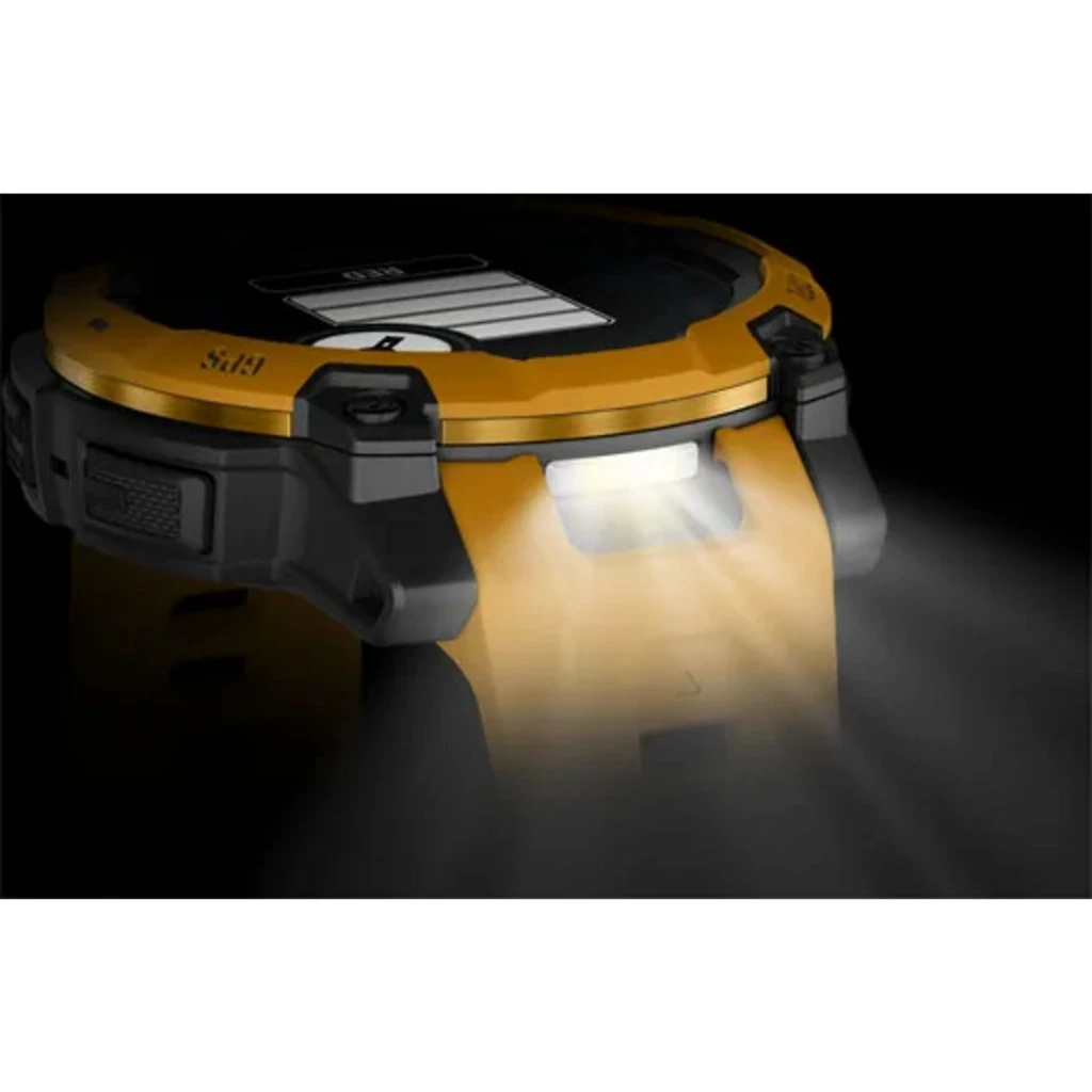 Garmin Instinct 3 Solar 45 mm en color Sunburst con linterna LED frontal integrada, bisel robusto amarillo y botones laterales, diseño resistente y deportivo