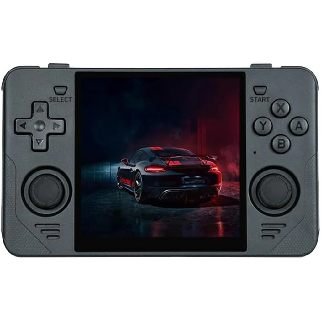 Powkiddy RGB30 Noir console portable compacte avec écran carré, coques noires mates, croix directionnelle, deux sticks, boutons ABXY et gâchettes épaisses