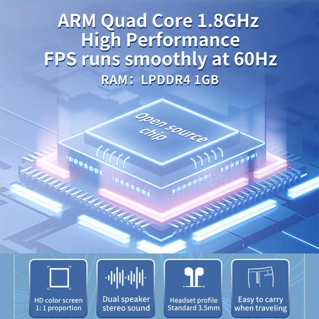 Powkiddy RGB30 Negro: pantalla HD 1:1, chip de código abierto, CPU ARM Quad Core 1.8GHz, RAM LPDDR4 1GB, audio estéreo, jack 3.5 mm, portátil y ligero