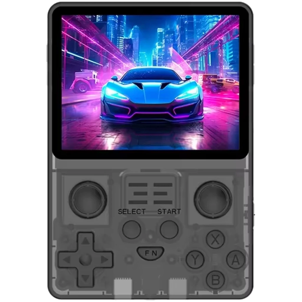 Powkiddy RGB20S 16 Go Noir transparent, console portable rétro avec coque translucide violette, écran couleur, double sticks, croix directionnelle et