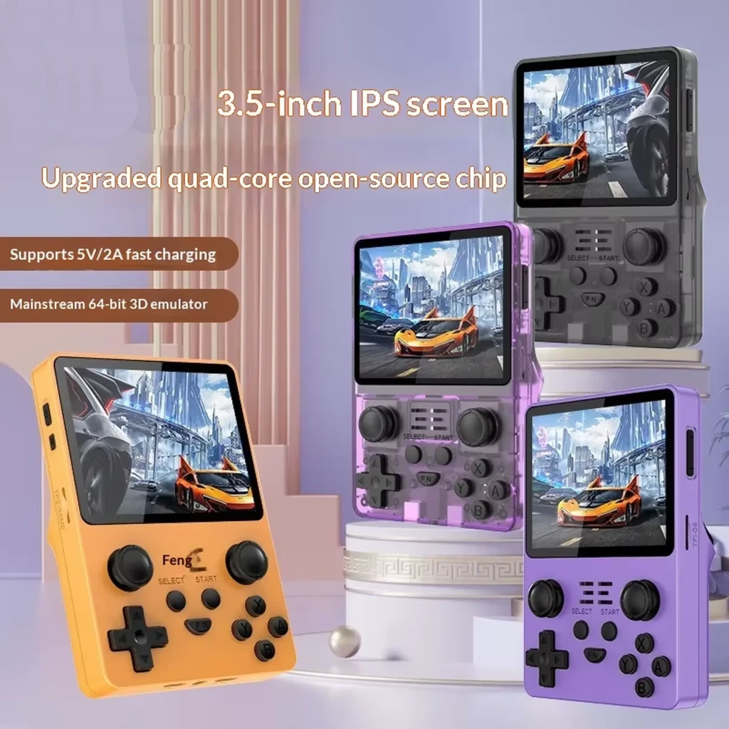 Consola portátil Powkiddy RGB20S 16 GB lila transparente con pantalla IPS de 3.5 pulgadas, cruceta, dos joysticks, altavoz frontal y botones ABXY