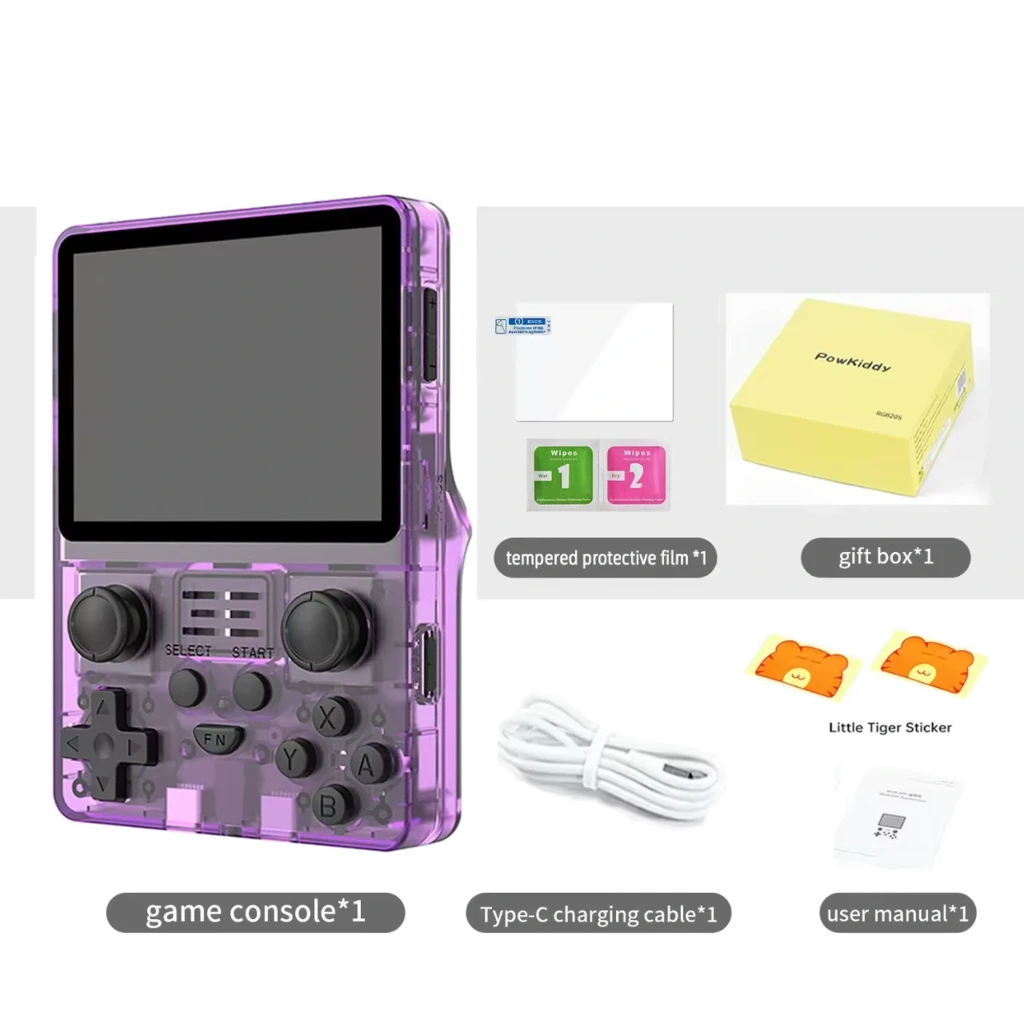 Consola portátil Powkiddy RGB20S 16 GB en lila transparente, pantalla rectangular, dos joysticks, cruceta, botones ABXY, altavoz frontal y puerto USB‑C