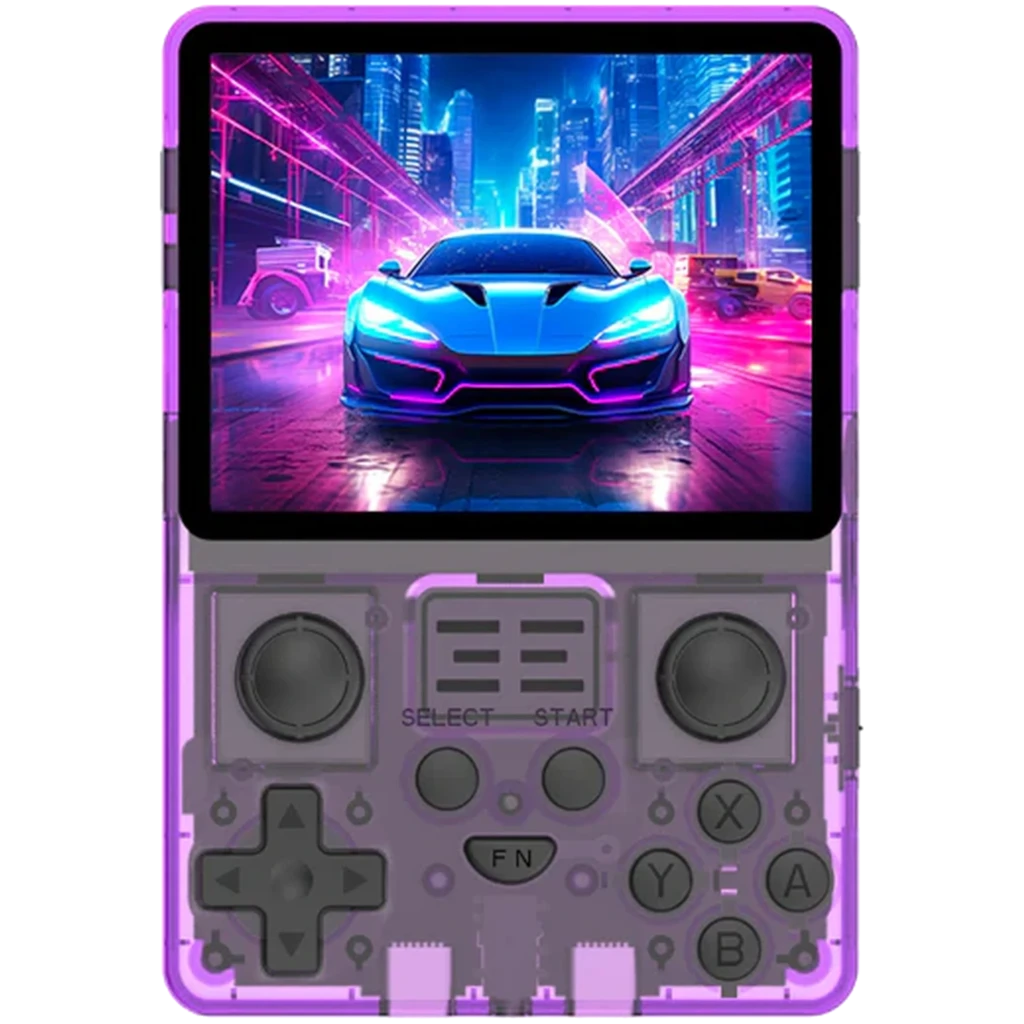 Powkiddy RGB20S 16 Go Violet transparent, console portable rétro avec coque translucide violette, écran couleur, double sticks, croix directionnelle et
