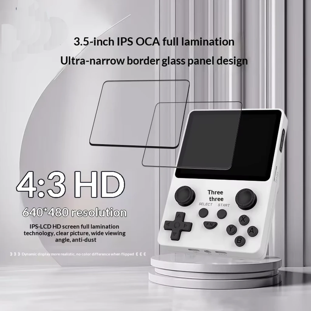 Consola portátil Powkiddy RGB20S 16 GB lila transparente, pantalla IPS 3.5" 4:3 HD 640x480, bordes ultraestrechos, doble joystick, cruceta y botones frontales