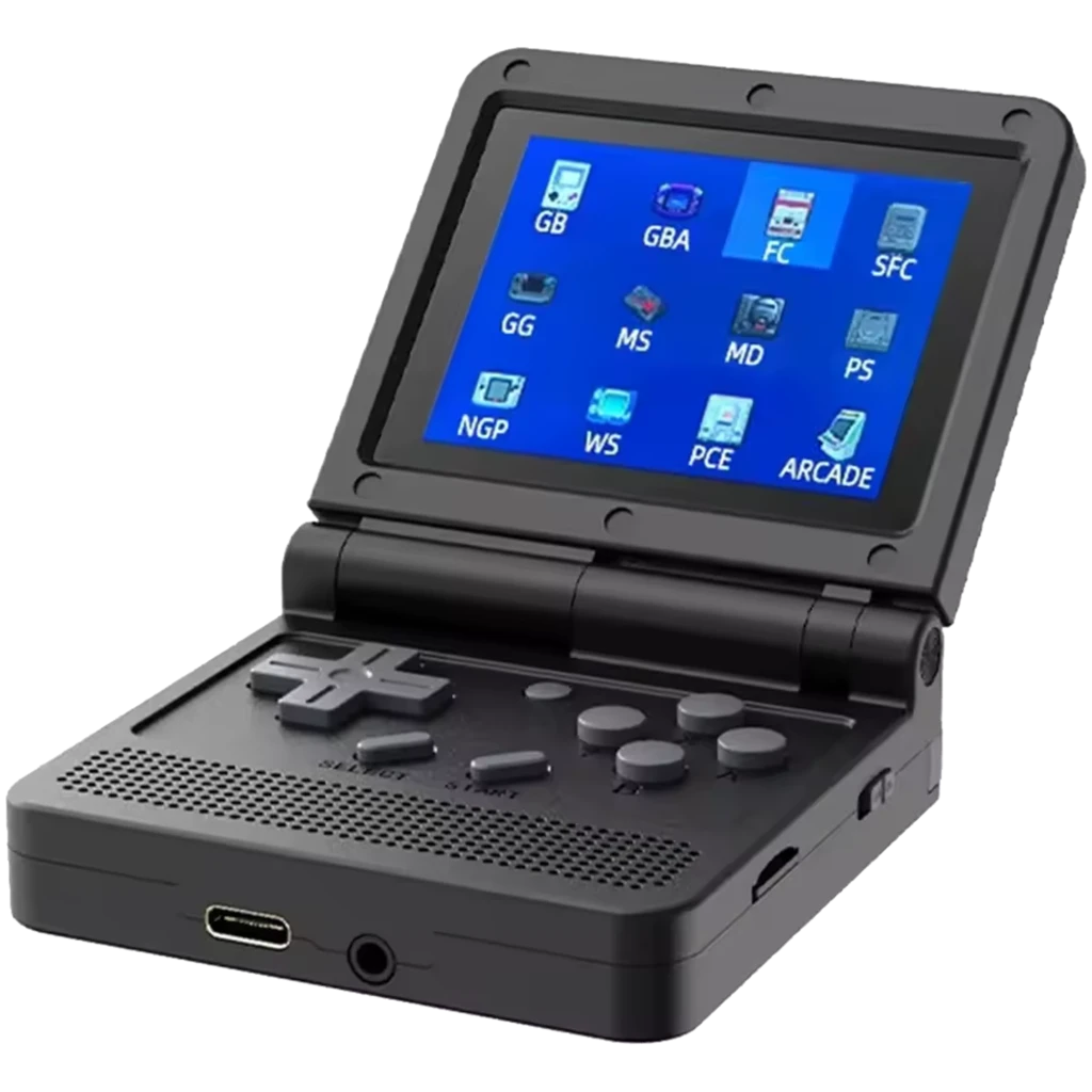 Powkiddy V90 Console portable rétro Noir avec écran rabattable, croix directionnelle, boutons gris, haut-parleur frontal et ports USB‑C et jack audio
