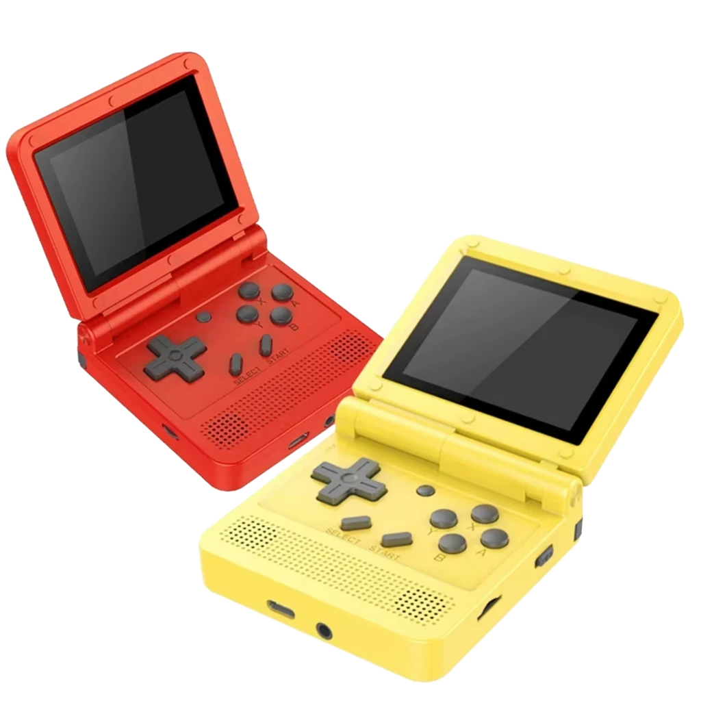 Powkiddy V90 Consola Portátil Retro Negro con diseño tipo concha, pantalla a color, cruceta, cuatro botones frontales y altavoz frontal. Colores rojo y