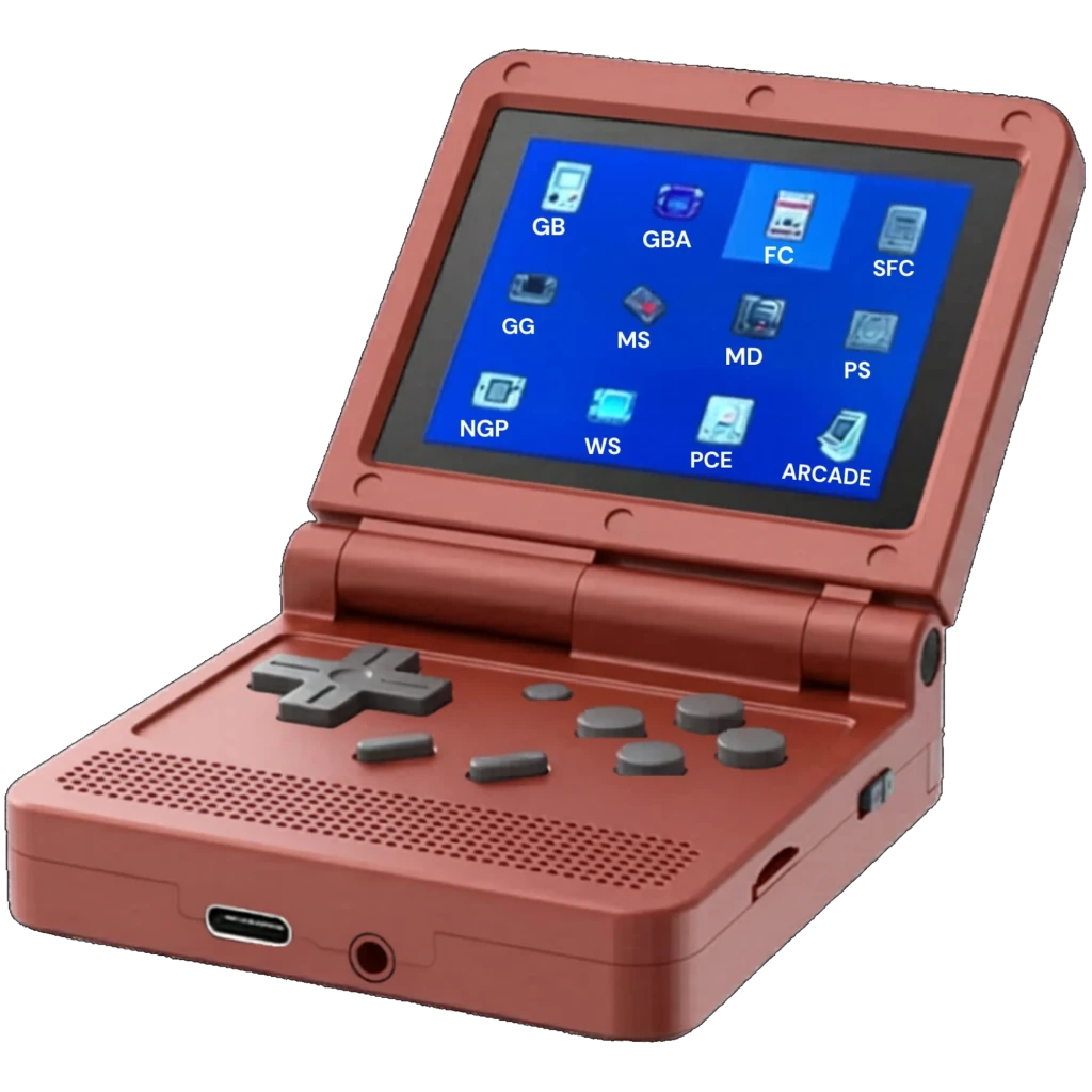 Powkiddy V90 Console portable rétro rouge avec écran rabattable, croix directionnelle, boutons gris, haut-parleur frontal et ports USB‑C et jack audio