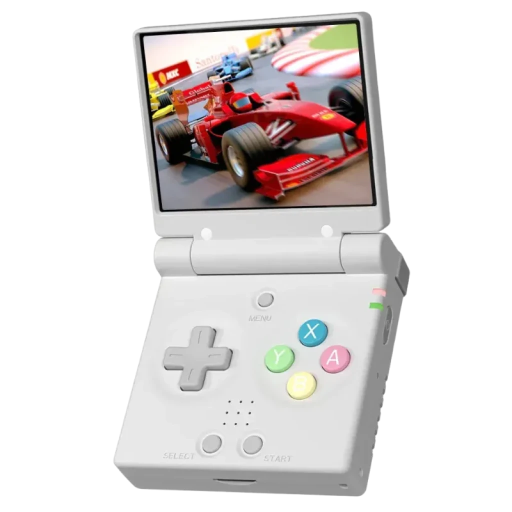 Consola Miyoo Mini Flip aberta, exibindo um ecrã IPS de 2,8 polegadas na cor branco
