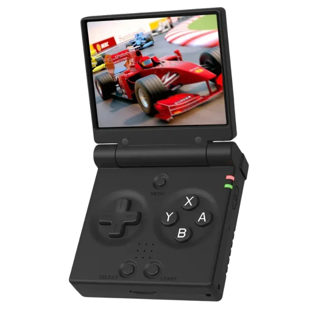 Consola Miyoo Mini Flip aberta, exibindo um ecrã IPS de 2,8 polegadas na cor preta