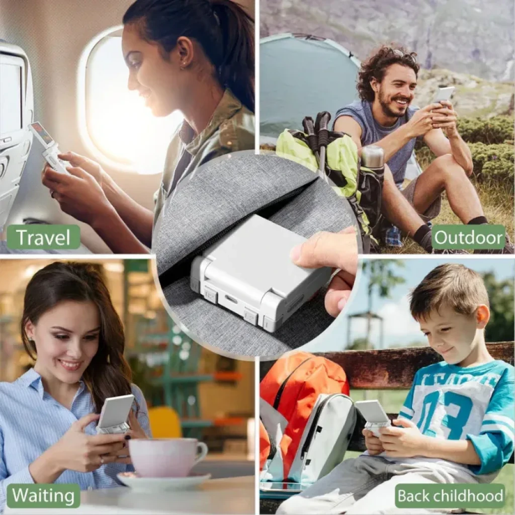 Miyoo Mini Flip con diseño plegable tipo clamshell, pantalla compacta, botones A B X Y, cruceta, puertos laterales y acabado mate portátil