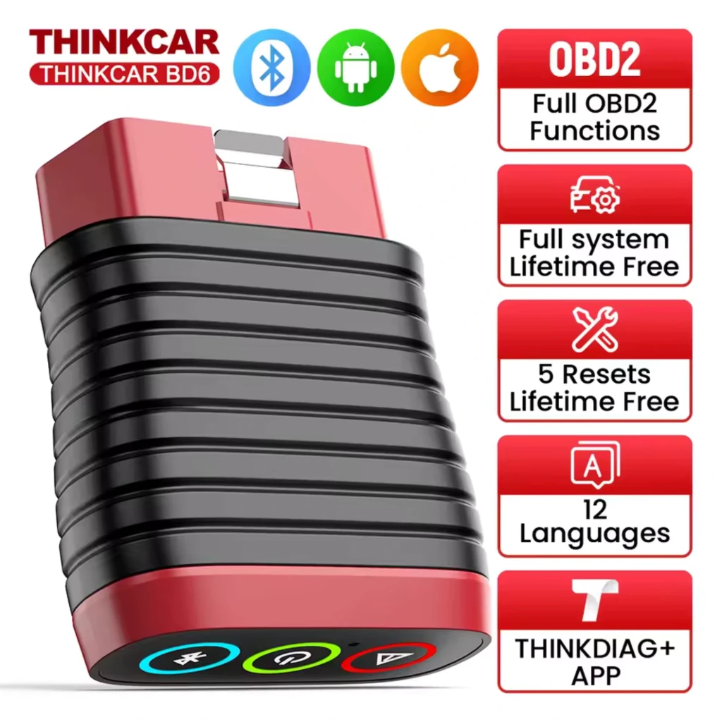 ThinkCar BD6 escáner OBD2 Bluetooth rojo y negro, compacto con luces táctiles; compatible iOS y Android, soporta 126 marcas y app THINKDIAG+
