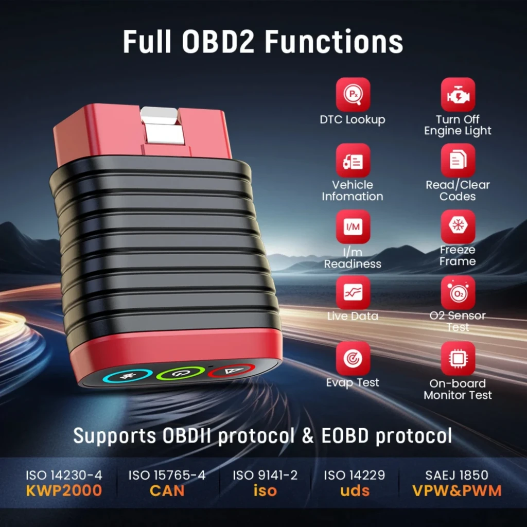 ThinkCar BD6 escáner OBD2 Bluetooth compacto en rojo y negro con botones táctiles; muestra iconos de funciones completas OBD2 y compatibilidad OBDII y EOBD