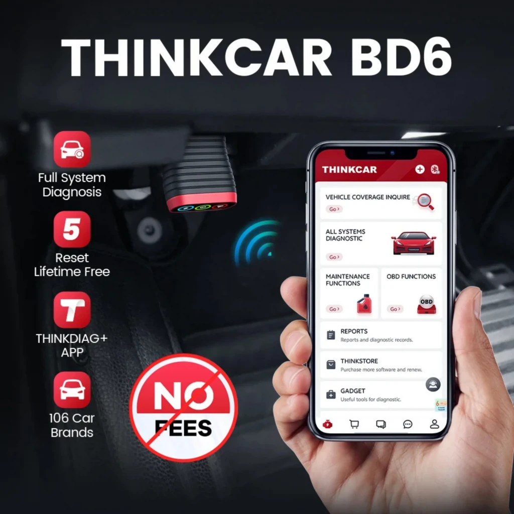 ThinkCar BD6 escáner OBD2 Bluetooth con dongle compacto y app móvil; incluye diagnóstico de sistemas, 5 reseteos gratis y soporte para 126 marcas
