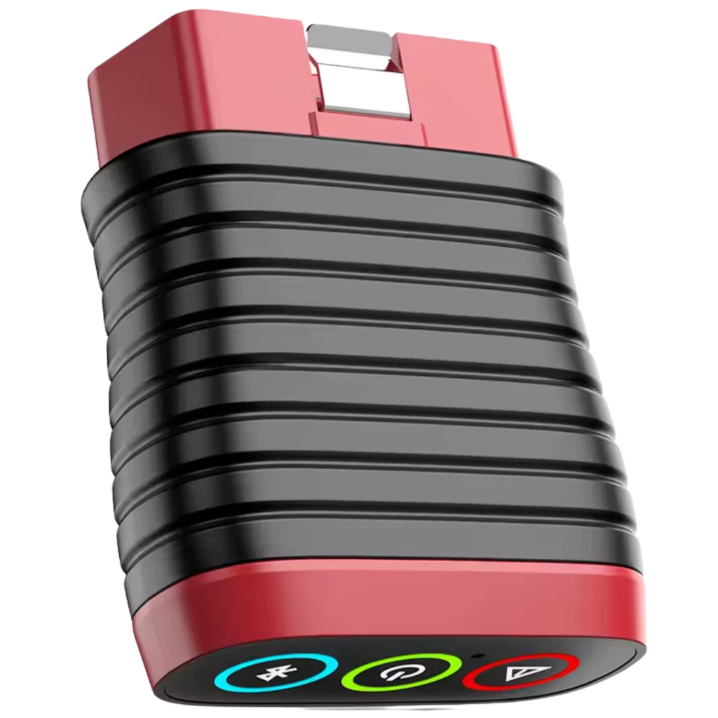ThinkCar BD6, adaptateur OBD2 compact rouge et noir à ailettes, port mâle, boutons rétroéclairés Bluetooth, alimentation et alerte, design robuste portable