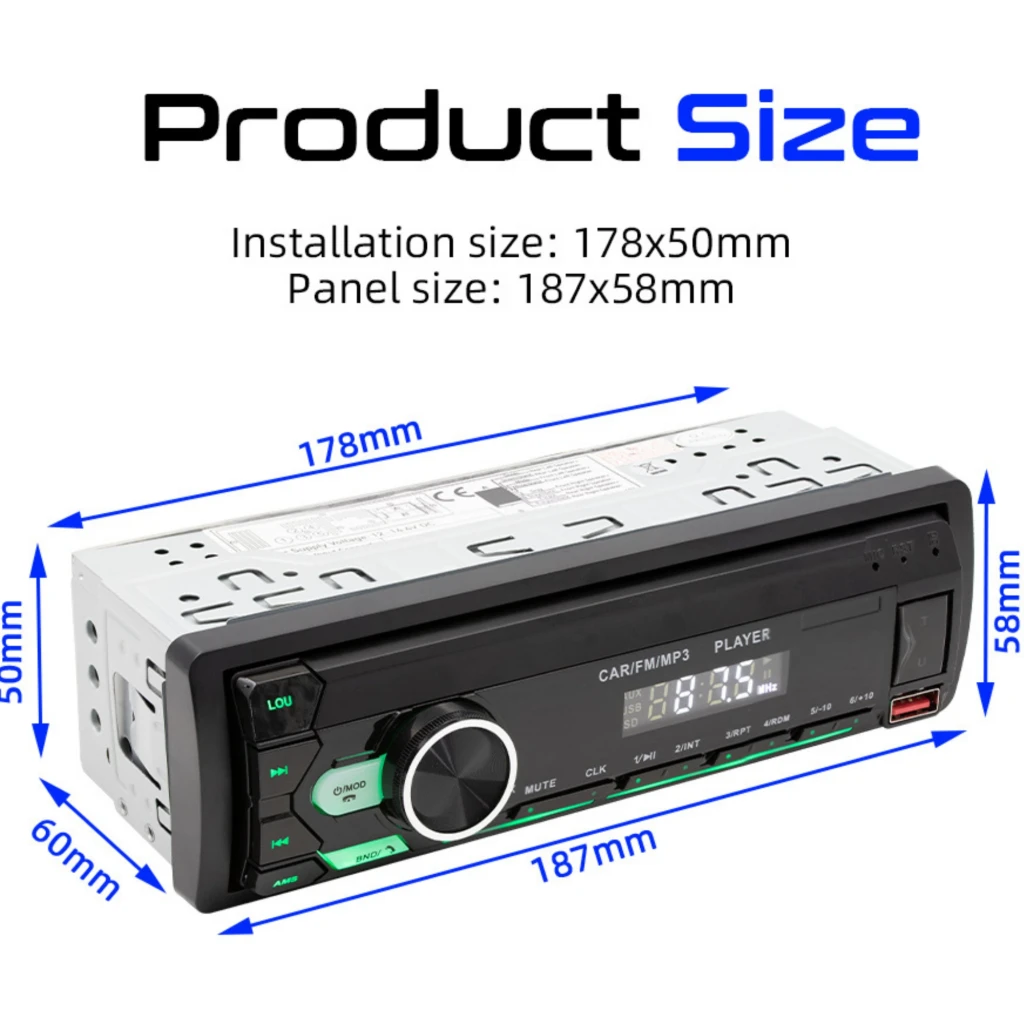 SWM M12 autorradio 1 DIN negro con pantalla LCD, perilla iluminada verde, botones frontales, puerto USB, ranura SD, AUX, Bluetooth y medidas del panel 187x58 mm