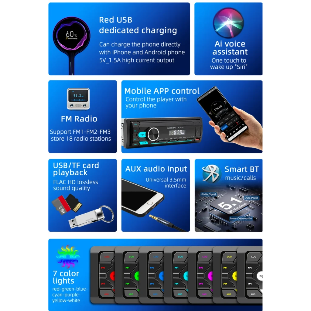 SWM M12 Autorradio 1 DIN negro con Bluetooth, FM, control por app móvil, entrada AUX, USB/TF para música, micrófono, y luces LED en 7 colores ajustables
