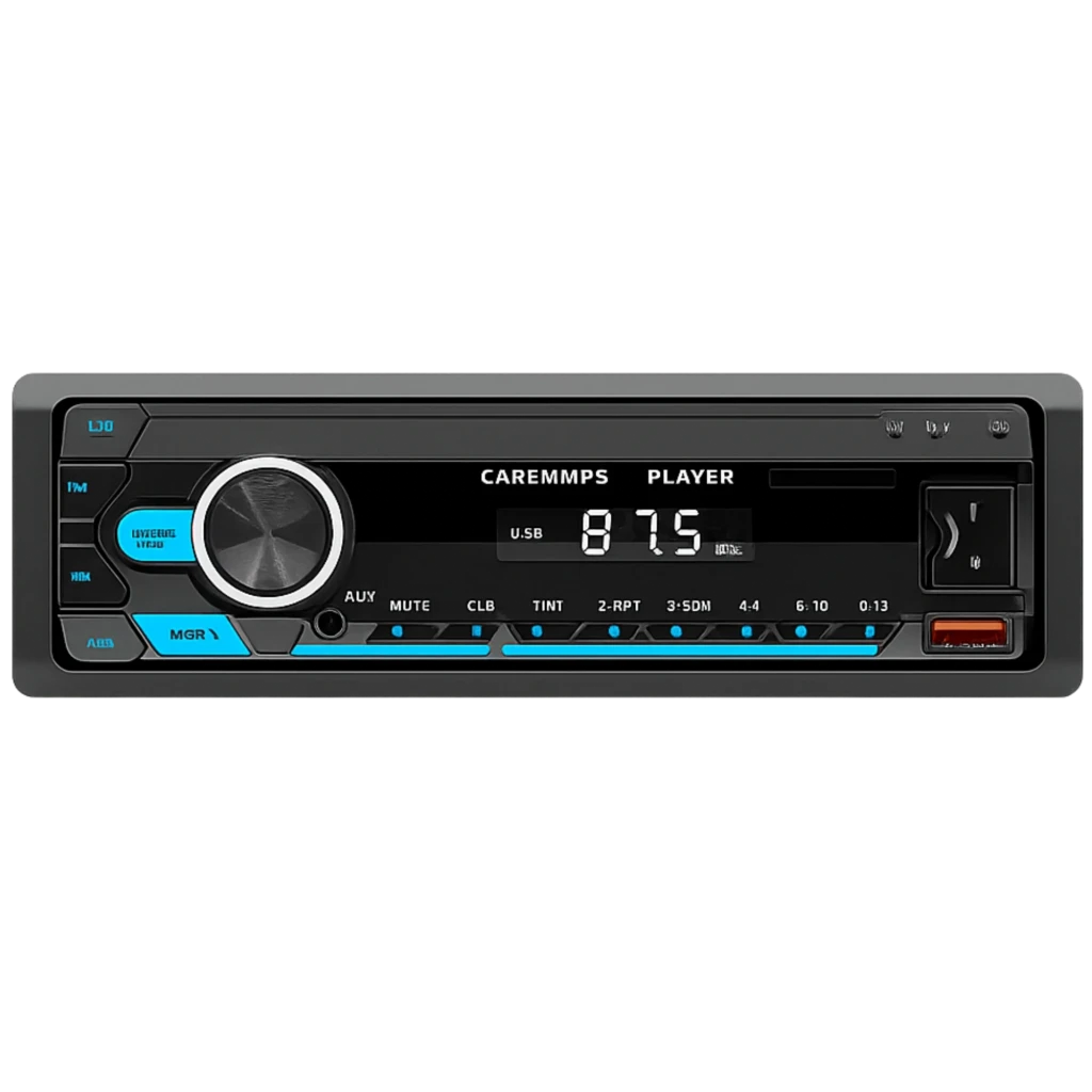 SWM M12 Autorradio 1 DIN negro con pantalla digital, dial de volumen grande, botones azules, ranura USB, lector SD, puerto AUX y radio FM con display 87.5