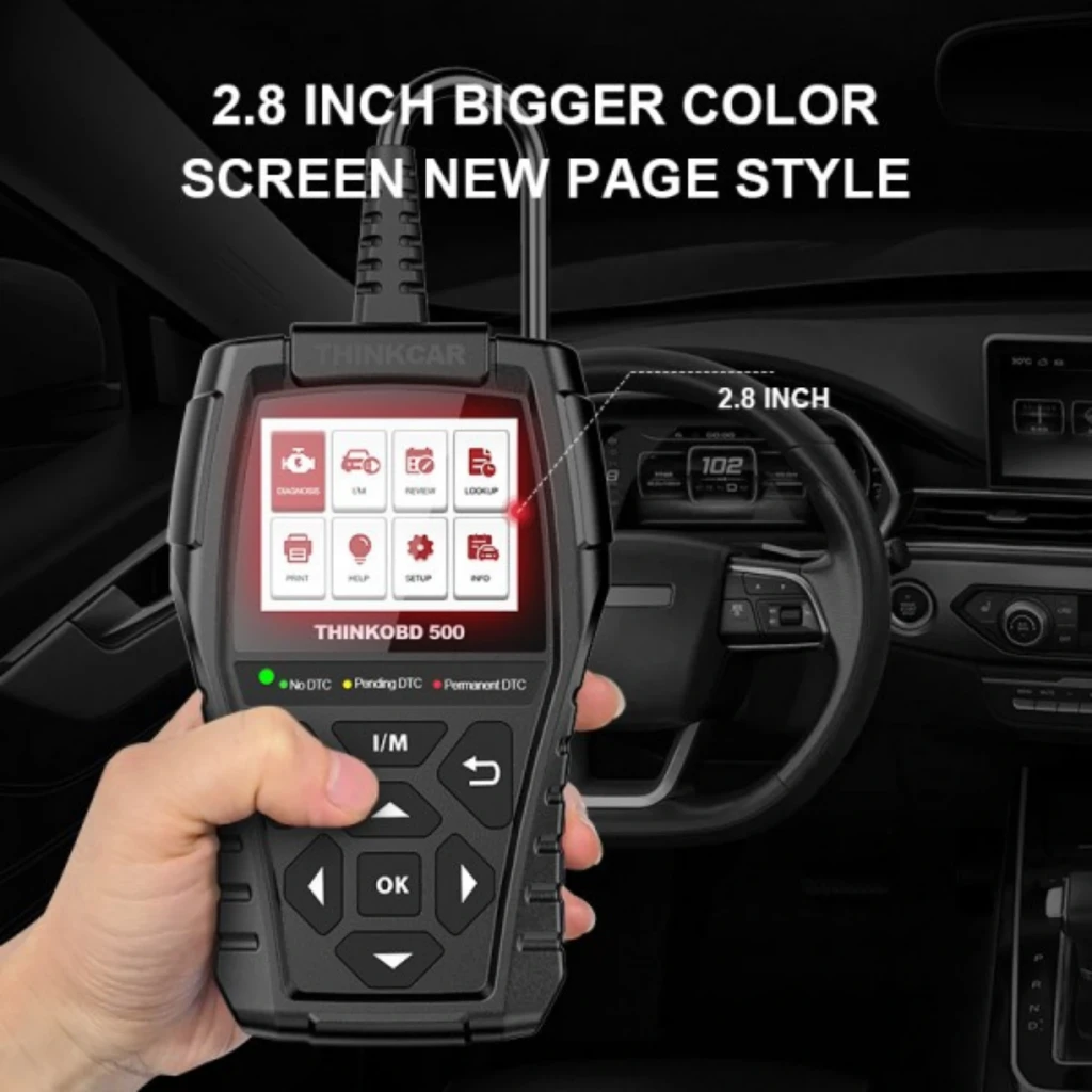ThinkCar ThinkOBD 500 con pantalla a color de 2.8 pulgadas, botones de navegación grandes, cable superior robusto y menú de diagnósticos OBD2 en iconos