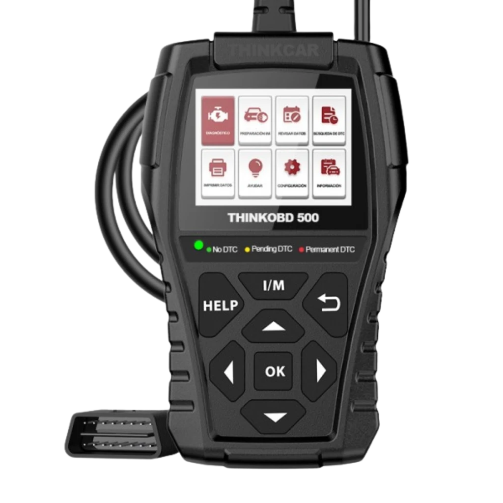 Scanner OBD2 noir compact avec écran couleur et icônes rouges, câble intégré, boutons HELP I/M fléchés et OK, modèle ThinkOBD 500 pour diagnostic auto