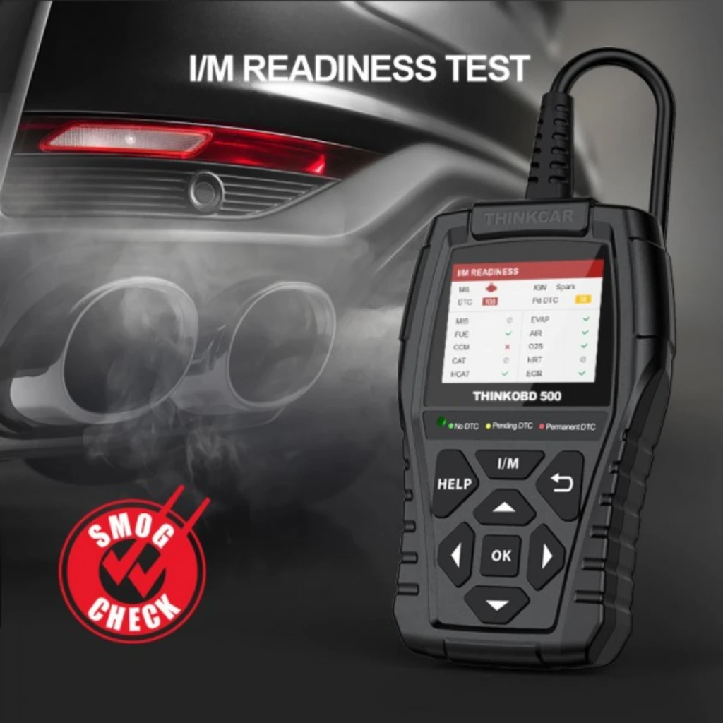ThinkCar ThinkOBD 500 escáner OBD2 negro con pantalla a color, botones físicos y cable en espiral; prueba I/M Readiness y luces LED de estado
