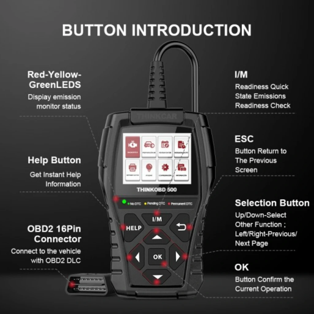 ThinkCar ThinkOBD 500 escáner OBD2 negro con pantalla a color, botones rojos y flechas, cable OBD 16 pines, LEDs de estado y cuerpo robusto antideslizante