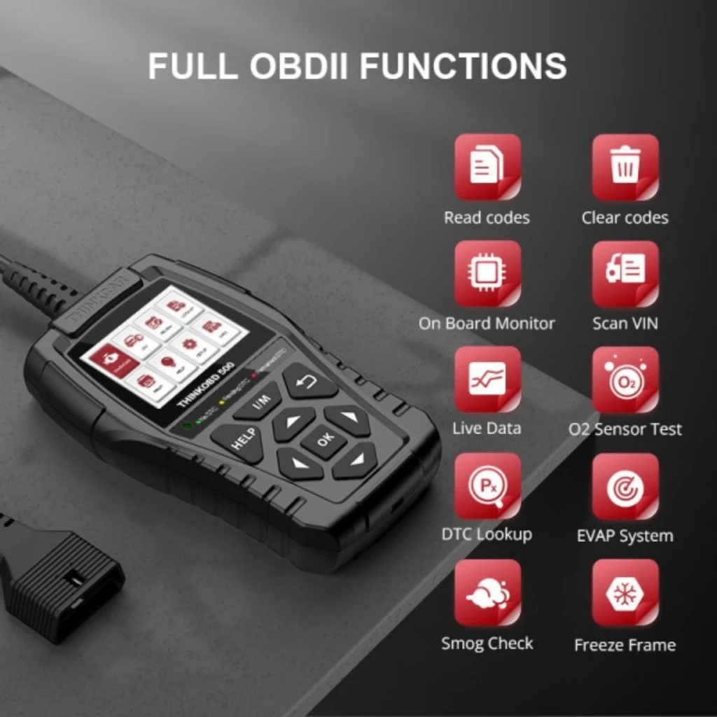 ThinkCar ThinkOBD 500 escáner OBD2 portátil negro con pantalla a color y botones físicos; funciones: lectura y borrado de códigos, VIN, datos en vivo,
