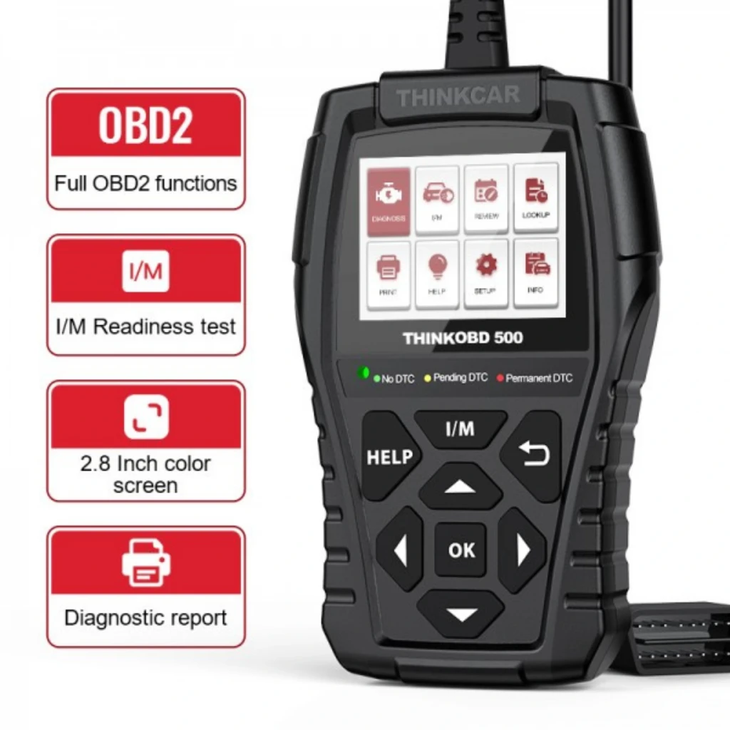 ThinkCar ThinkOBD 500 escáner OBD2 negro con pantalla a color de 2.8 pulgadas, botones de navegación, indicadores DTC y cable superior conectado