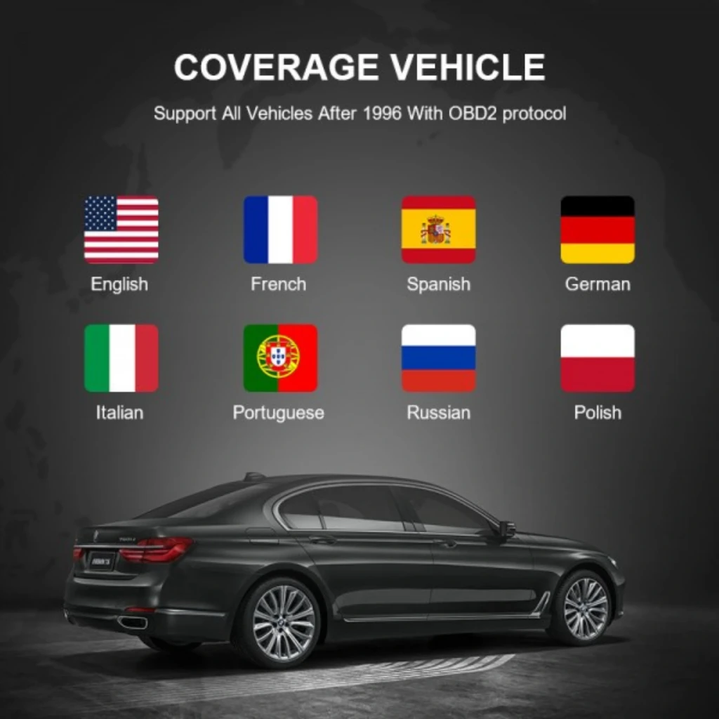 ThinkCar ThinkOBD 100 Escáner OBD2 Multimarca con soporte multilenguaje: inglés, francés, español, alemán, italiano, portugués, ruso y polaco; compatible