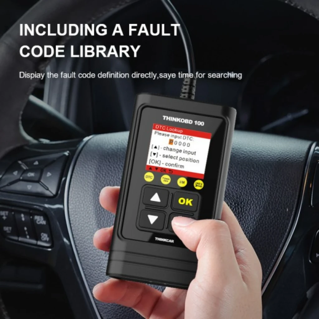 ThinkCar ThinkOBD 100 Escáner OBD2 Multimarca, dispositivo portátil negro con pantalla a color, botones de navegación y tecla OK, conectado por cable al