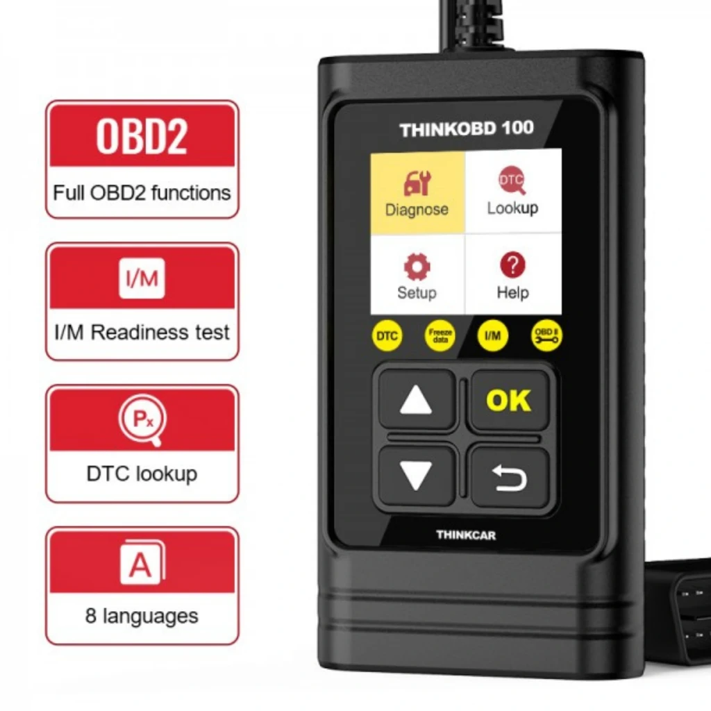 ThinkCar ThinkOBD 100: escáner OBD2 portátil negro con pantalla a color y botones grandes, funciones Diagnose, Lookup, I/M, DTC y soporte en 8 idiomas