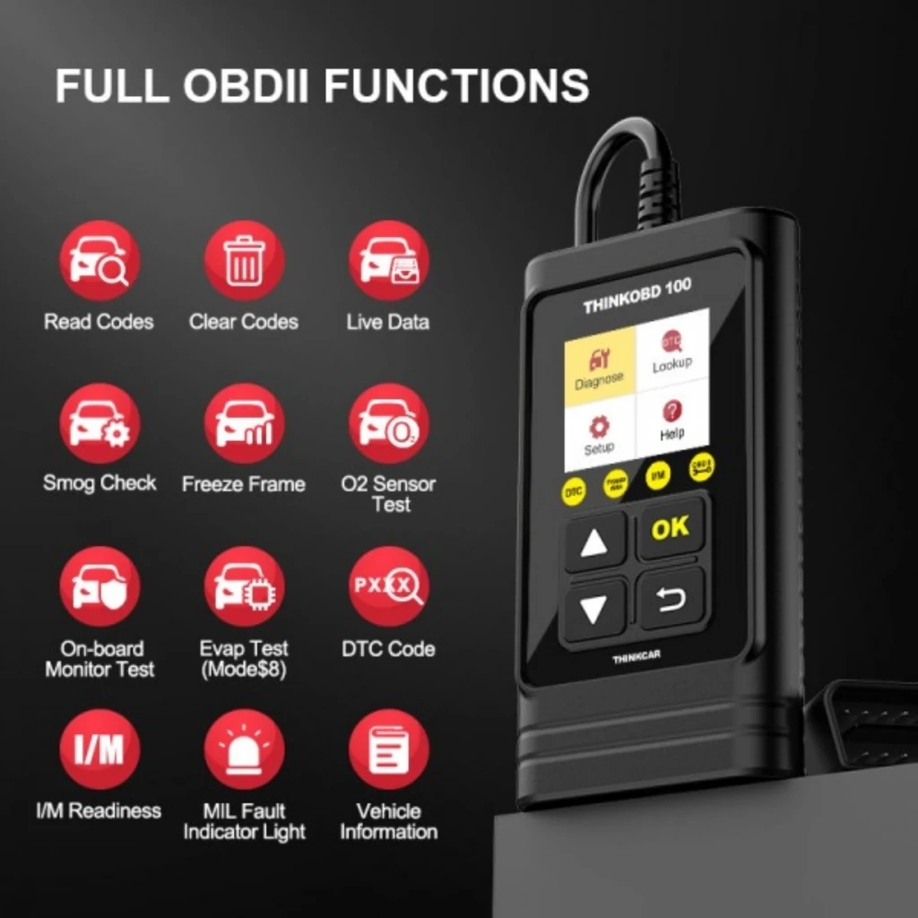 ThinkCar ThinkOBD 100 Escáner OBD2 Multimarca con pantalla a color, botones OK y navegación, puerto OBD, cable superior y carcasa negra compacta con agarre
