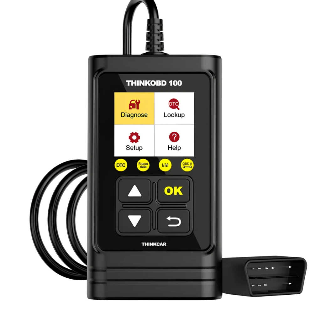 ThinkCar ThinkOBD 100 Scanner OBD2 multimarque avec écran couleur, boutons fléchés, icônes Diagnose et DTC, câble intégré et connecteur OBD2 compact
